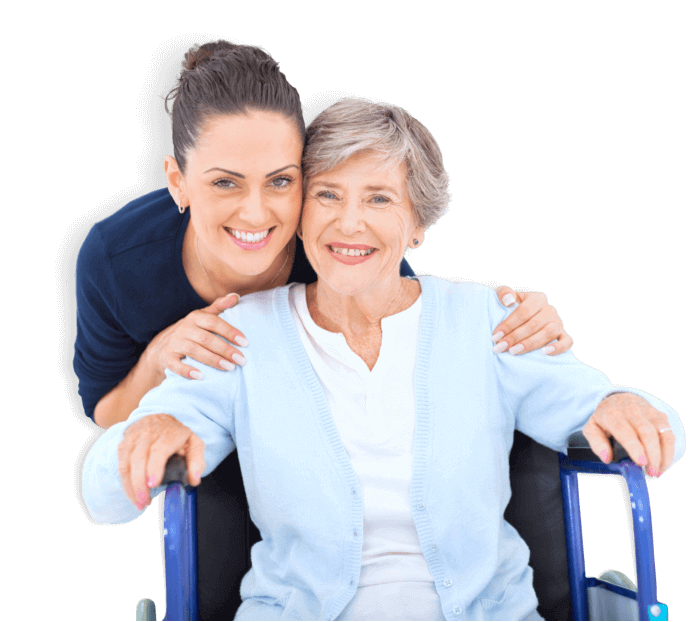 female caregiver and her old woman patient sitting on the wheelchair